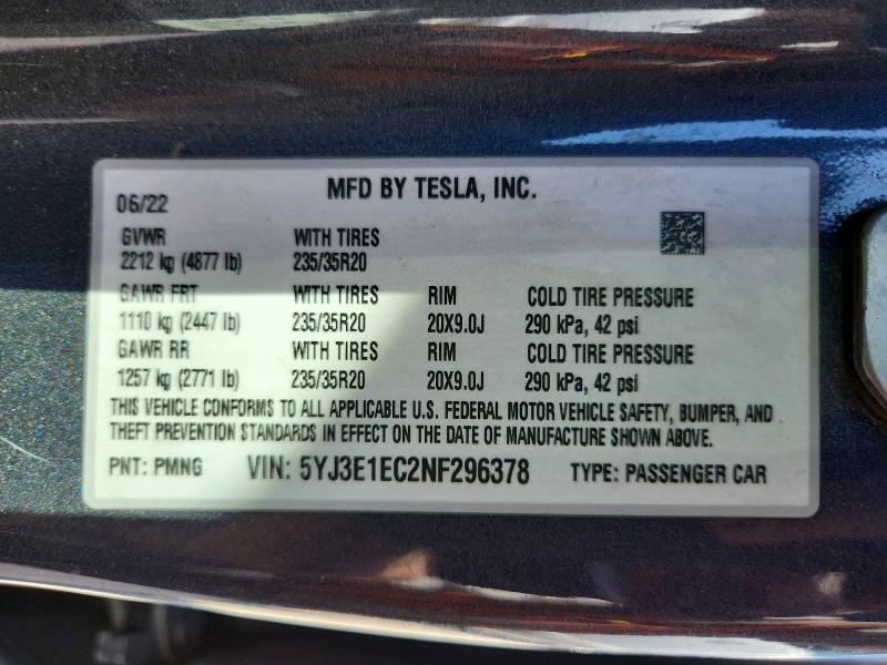 Aukcja sprzedaży 2022 Tesla Model 3, vin: 5YJ3E1EC2NF296378, numer aukcji: 63575826