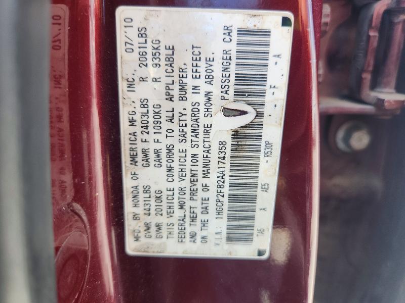 Aukcja sprzedaży 2010 Honda Accord, vin: 1HGCP2F82AA174358, numer aukcji: 63864426