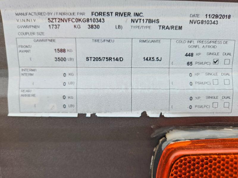 Продажа на аукционе авто 2019 Forest River Navi, vin: 5ZT2NVFC0KG810343, номер лота: 67166986