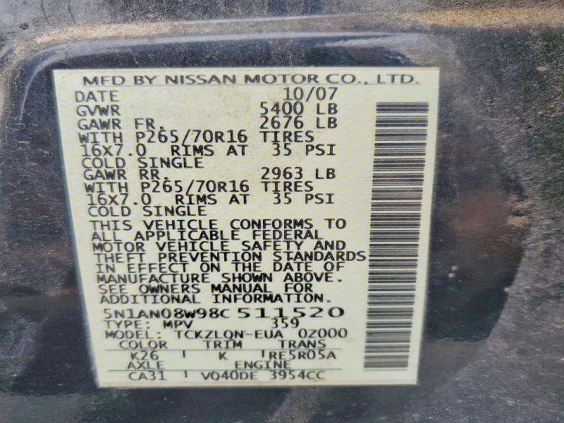Продажа на аукционе авто 2008 Nissan Xterra, vin: 5N1AN08W98C511520, номер лота: 65502726