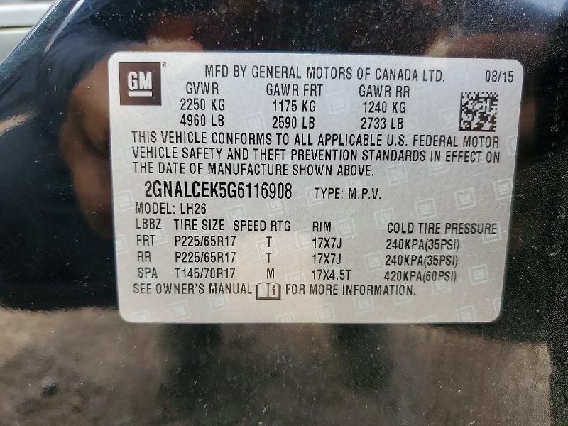 Продаж на аукціоні авто 2016 Chevrolet Equinox, vin: 2GNALCEK5G6116908, номер лоту: 65327906