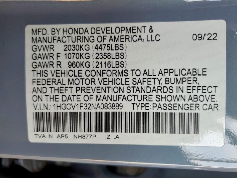 Aukcja sprzedaży 2022 Honda Accord, vin: 1HGCV1F32NA083889, numer aukcji: 64514126
