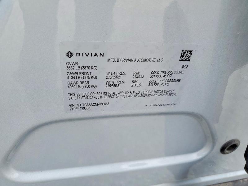 Aukcja sprzedaży 2022 Rivian R1t, vin: 7FCTGAAAXNN008066, numer aukcji: 65594096