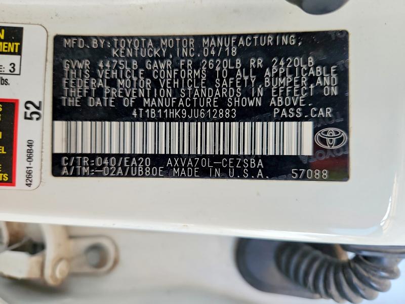 2018 Toyota Camry მანქანა იყიდება აუქციონზე, vin: 4T1B11HK9JU612883, აუქციონის ნომერი: 63730156