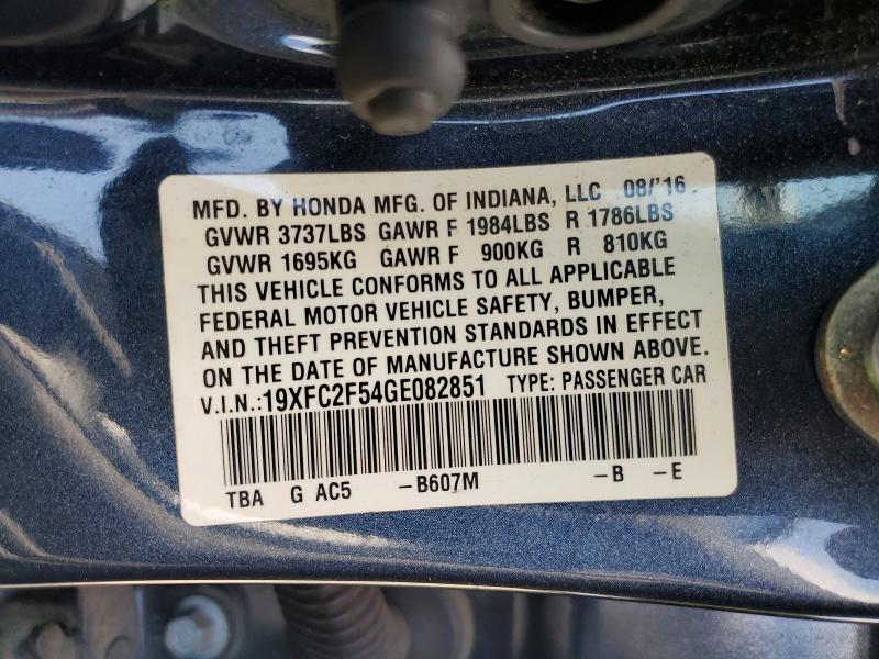 67012186 :رقم المزاد ، 19XFC2F54GE082851 vin ، 2016 Honda Civic مزاد بيع