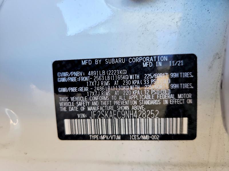 Продаж на аукціоні авто 2022 Subaru Forester, vin: JF2SKAEC9NH428252, номер лоту: 66758656
