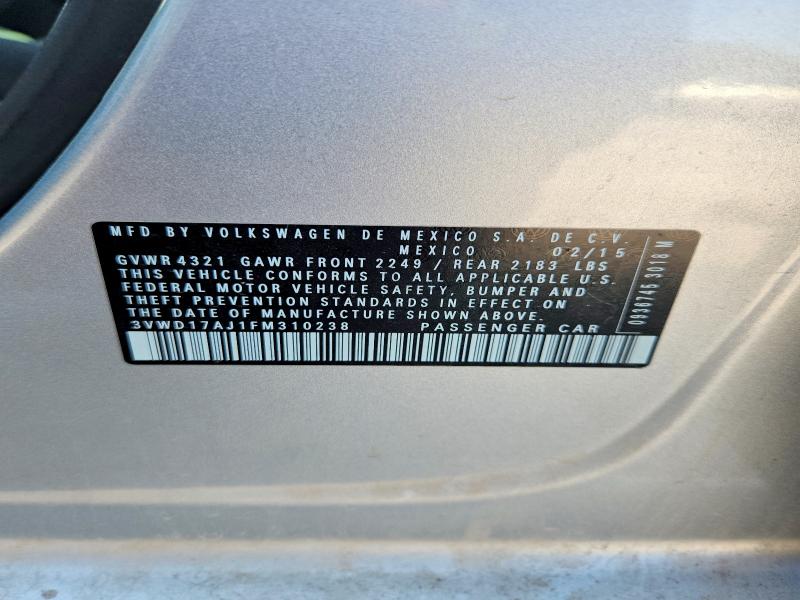 2015 Volkswagen Jetta მანქანა იყიდება აუქციონზე, vin: 3VWD17AJ1FM310238, აუქციონის ნომერი: 64100196