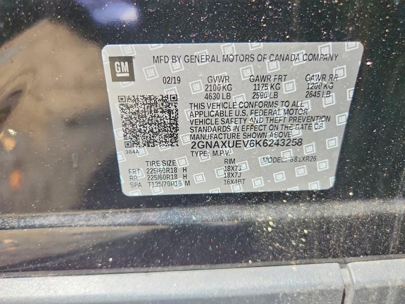 Aukcja sprzedaży 2019 Chevrolet Equinox, vin: 2GNAXUEV6K6243258, numer aukcji: 63654946