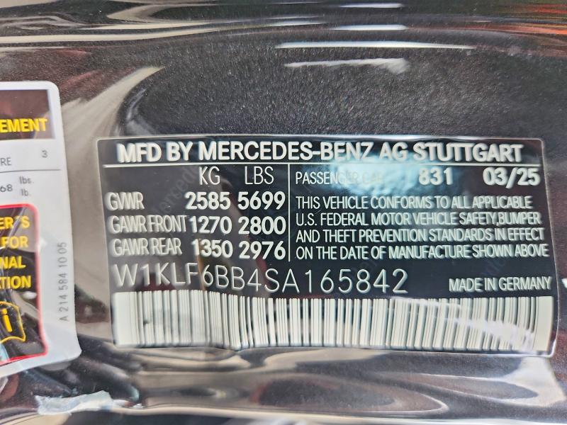 Aukcja sprzedaży 2025 Mercedes-benz E, vin: W1KLF6BB4SA165842, numer aukcji: 63773836