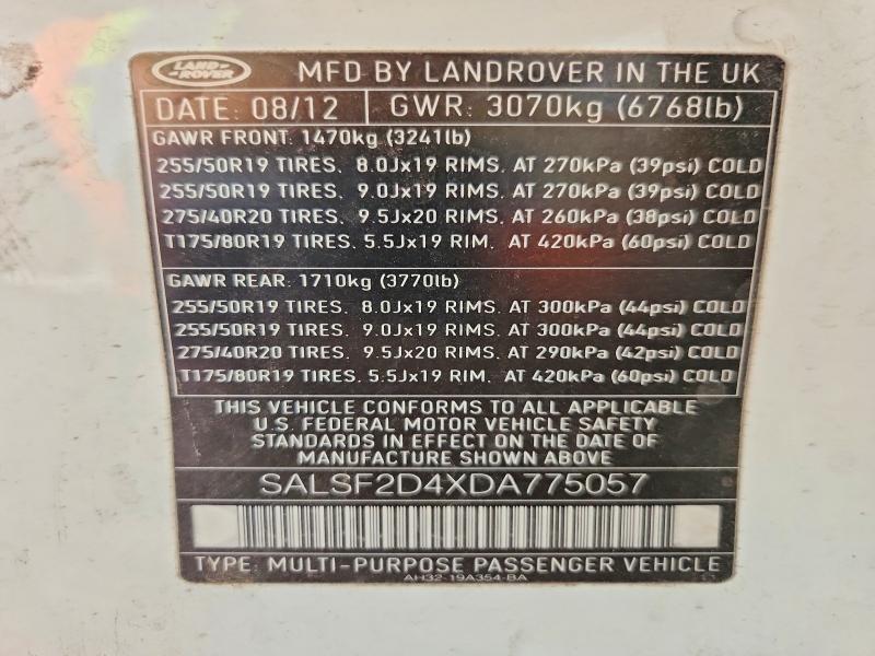 Aukcja sprzedaży 2013 Land Rover Range Rover Sport, vin: SALSF2D4XDA775057, numer aukcji: 65036686