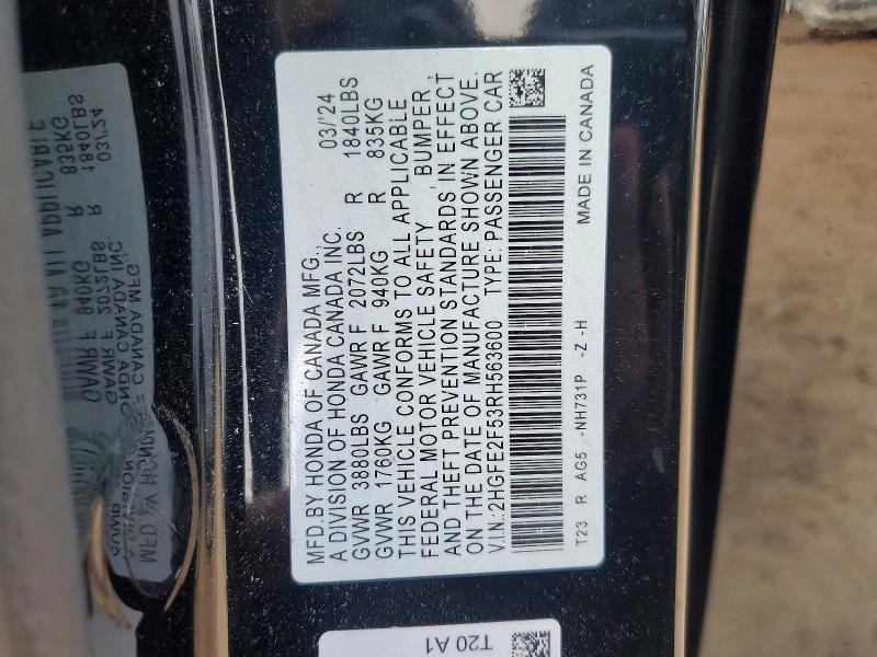 Aukcja sprzedaży 2024 Honda Civic, vin: 2HGFE2F53RH563600, numer aukcji: 67081706