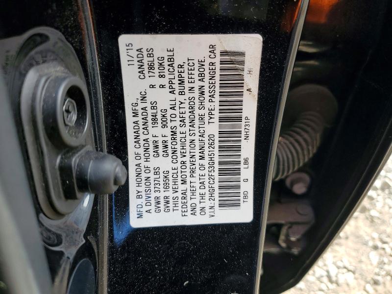 Продаж на аукціоні авто 2016 Honda Civic, vin: 2HGFC2F53GH512620, номер лоту: 65191746