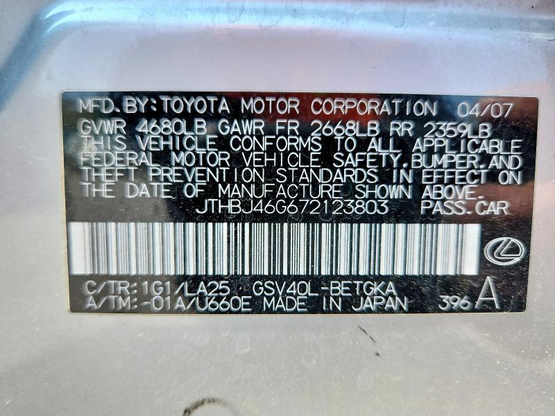 2007 Lexus Es მანქანა იყიდება აუქციონზე, vin: JTHBJ46G672123803, აუქციონის ნომერი: 64284526