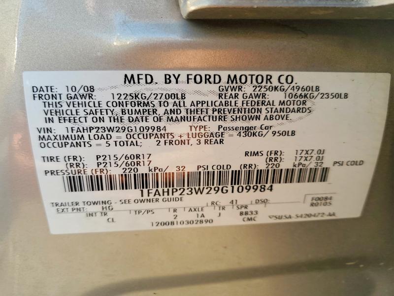 2009 Ford Taurus მანქანა იყიდება აუქციონზე, vin: 1FAHP23W29G109984, აუქციონის ნომერი: 66459626