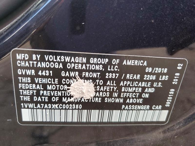 2019 Volkswagen Passat მანქანა იყიდება აუქციონზე, vin: 1VWLA7A3XKC002350, აუქციონის ნომერი: 65986986