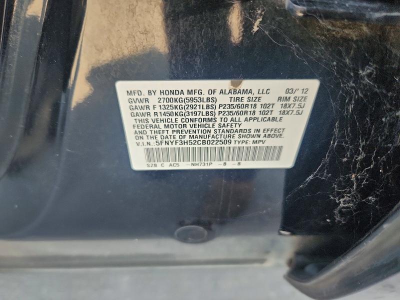 Продажа на аукционе авто 2012 Honda Pilot, vin: 5FNYF3H52CB022509, номер лота: 62445246