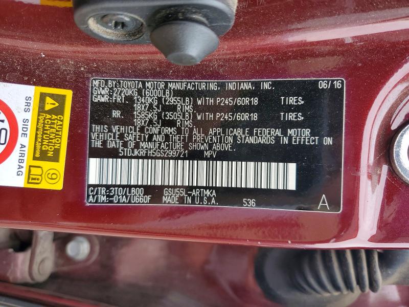 65200466 :رقم المزاد ، 5TDJKRFH5GS299721 vin ، 2016 Toyota Highlander مزاد بيع