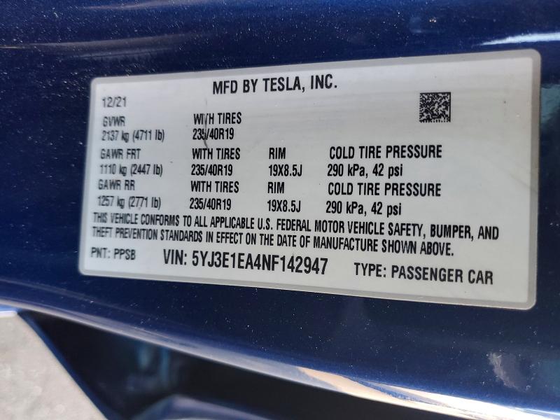 65823306 :رقم المزاد ، 5YJ3E1EA4NF142947 vin ، 2022 Tesla Model 3 مزاد بيع