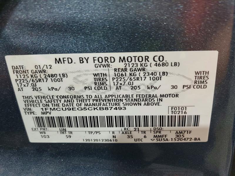 2012 Ford Escape მანქანა იყიდება აუქციონზე, vin: 1FMCU9EG5CKB87493, აუქციონის ნომერი: 66989166