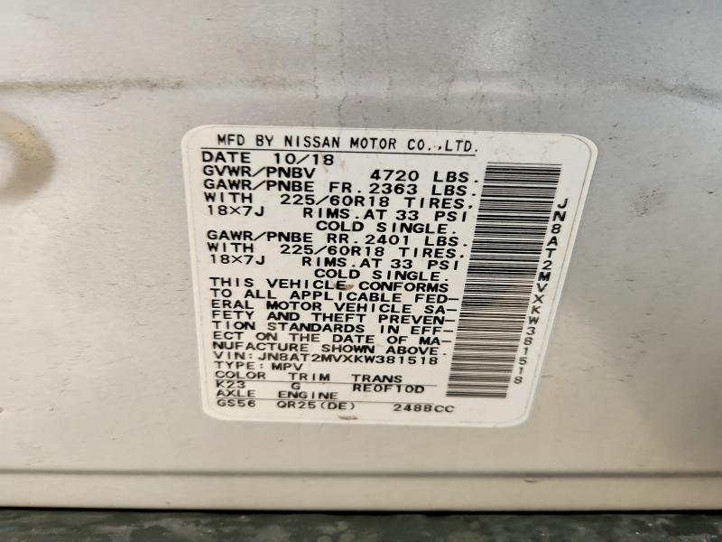 2019 Nissan Rogue მანქანა იყიდება აუქციონზე, vin: JN8AT2MVXKW381518, აუქციონის ნომერი: 64514826
