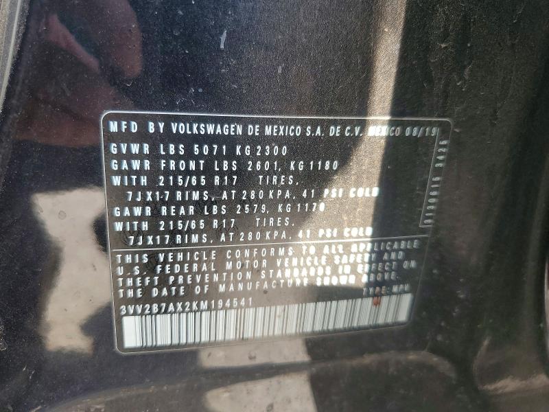 2019 Volkswagen Tiguan მანქანა იყიდება აუქციონზე, vin: 3VV2B7AX2KM194541, აუქციონის ნომერი: 64200966
