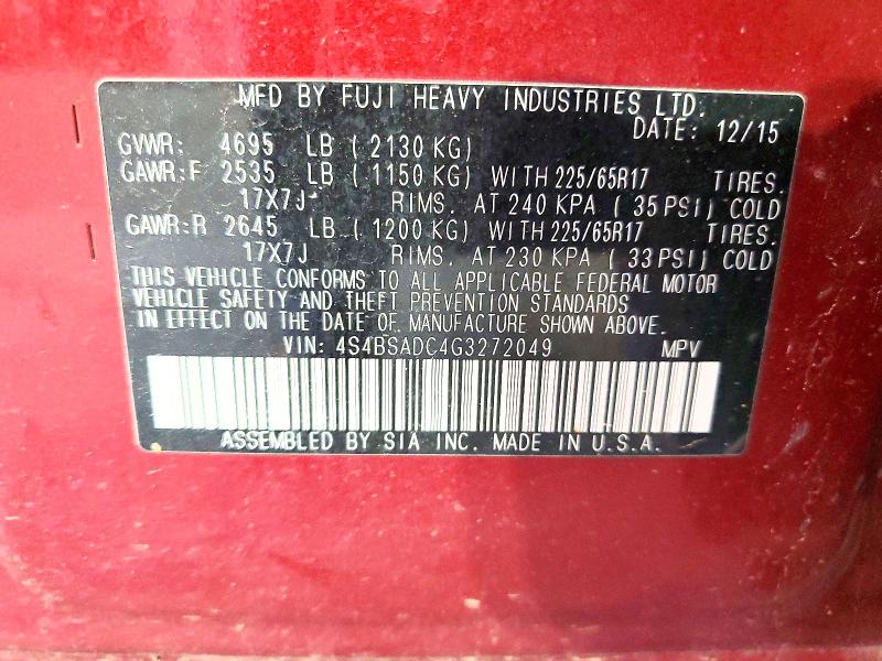 62768636 :رقم المزاد ، 4S4BSADC4G3272049 vin ، 2016 Subaru Outback مزاد بيع