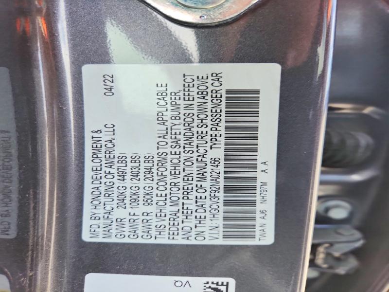 65843136 :رقم المزاد ، 1HGCV3F92NA021456 vin ، 2022 Honda Accord مزاد بيع