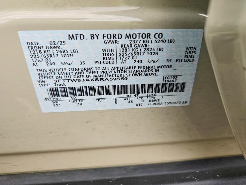 2025 Ford Maverick მანქანა იყიდება აუქციონზე, vin: 3FTTW8JAXSRA59559, აუქციონის ნომერი: 62933956
