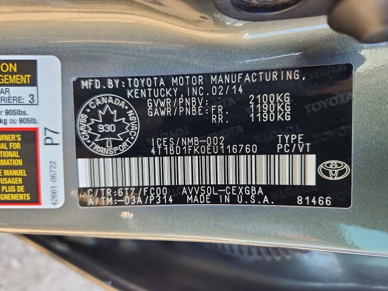 Aukcja sprzedaży 2014 Toyota Camry Hybrid, vin: 4T1BD1FK0EU116760, numer aukcji: 57069266