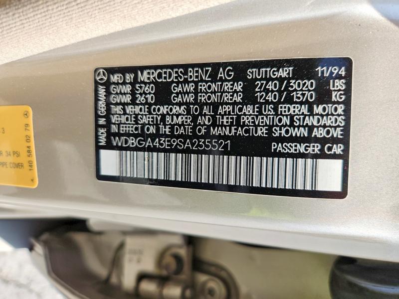 Aukcja sprzedaży 1995 Mercedes-benz S, vin: WDBGA43E9SA235521, numer aukcji: 63813696
