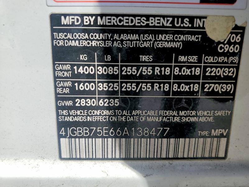 Aukcja sprzedaży 2006 Mercedes-benz Ml, vin: 4JGBB75E66A138477, numer aukcji: 66726896