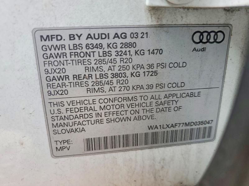 Aukcja sprzedaży 2021 Audi Q7, vin: WA1LXAF77MD035047, numer aukcji: 64917376