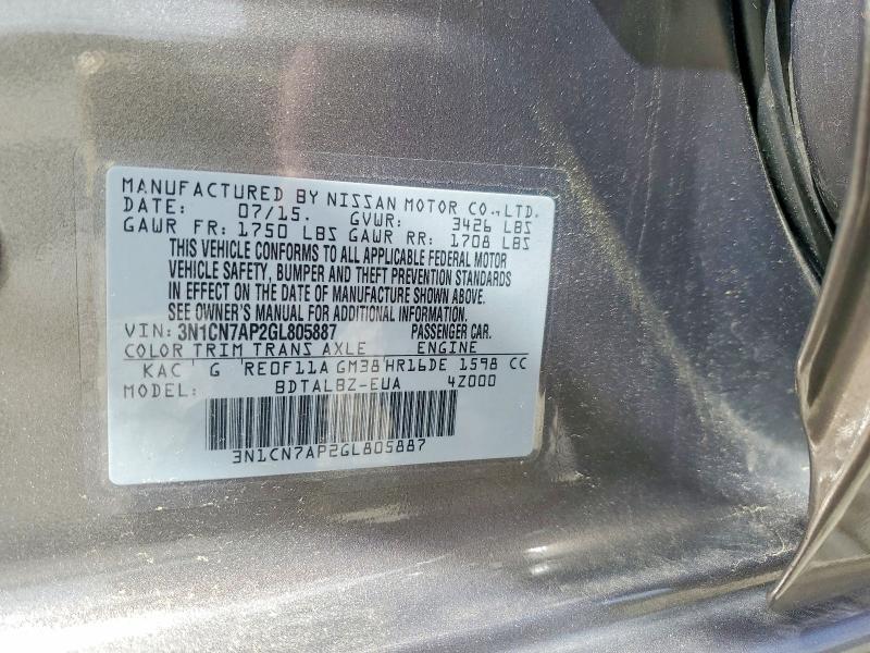 Продаж на аукціоні авто 2016 Nissan Versa, vin: 3N1CN7AP2GL805887, номер лоту: 62511816