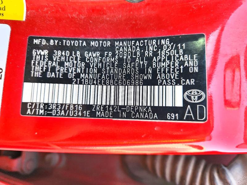65628816 :رقم المزاد ، 2T1BU4EE8BC606986 vin ، 2011 Toyota Corolla مزاد بيع