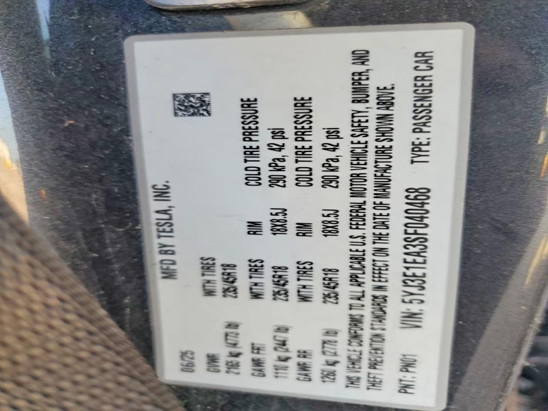 Aukcja sprzedaży 2025 Tesla Model 3, vin: 5YJ3E1EA3SF040468, numer aukcji: 65816486