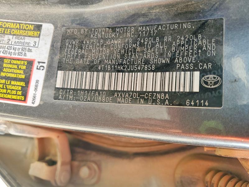 66193216 :رقم المزاد ، 4T1B11HK2JU547858 vin ، 2018 Toyota Camry مزاد بيع