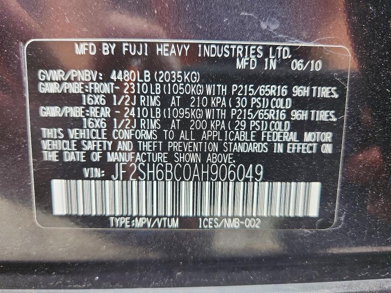 Aukcja sprzedaży 2010 Subaru Forester, vin: JF2SH6BC0AH906049, numer aukcji: 65921026
