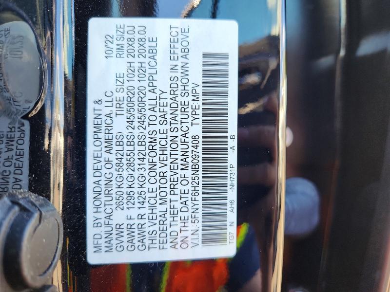 2022 Honda Pilot მანქანა იყიდება აუქციონზე, vin: 5FNYF6H25NB097408, აუქციონის ნომერი: 66954826