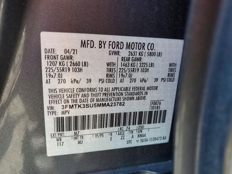 64111626 :رقم المزاد ، 3FMTK3SU5MMA23782 vin ، 2021 Ford Mustang Mach-e مزاد بيع