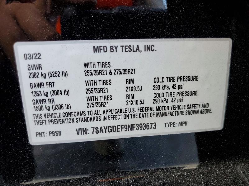 61979016 :رقم المزاد ، 7SAYGDEF9NF393673 vin ، 2022 Tesla Model Y مزاد بيع