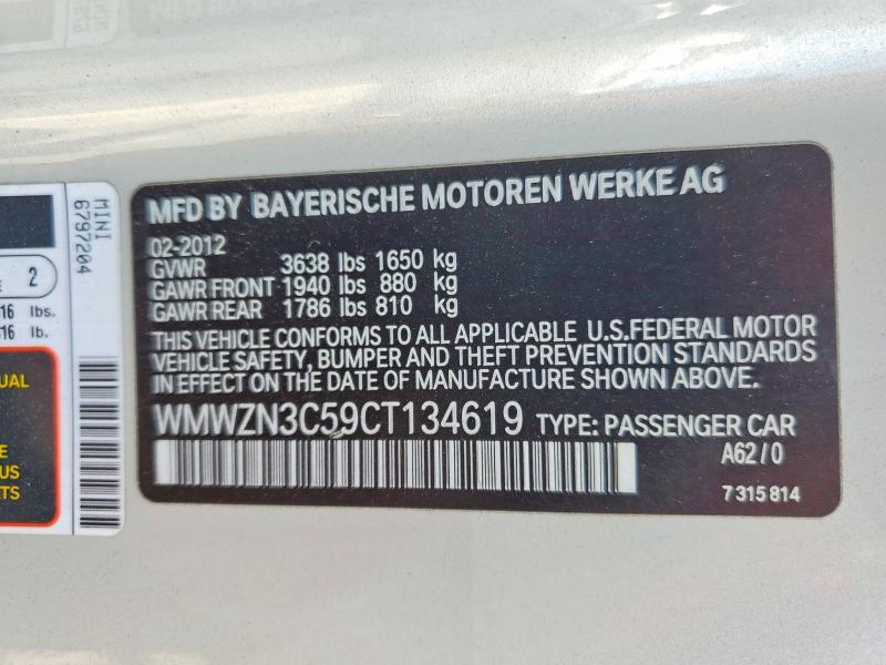 Aukcja sprzedaży 2012 Mini Cooper, vin: WMWZN3C59CT134619, numer aukcji: 64538136