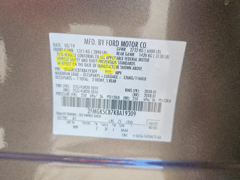 Aukcja sprzedaży 2019 Ford Flex, vin: 2FMGK5C87KBA19309, numer aukcji: 64664916