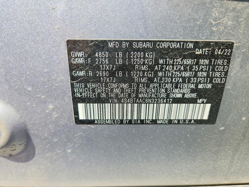 2022 Subaru Outback მანქანა იყიდება აუქციონზე, vin: 4S4BTAAC6N3236412, აუქციონის ნომერი: 64039106