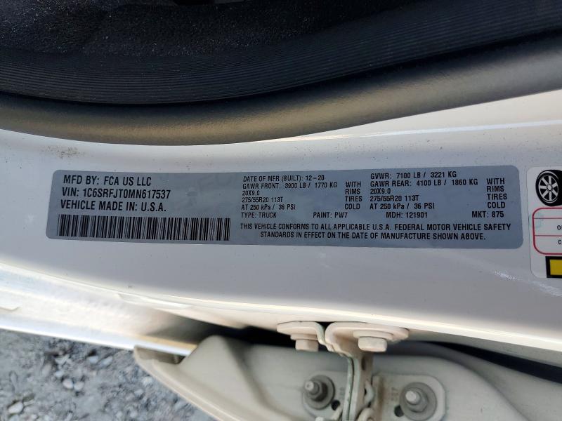 2021 Ram 1500 მანქანა იყიდება აუქციონზე, vin: 1C6SRFJT0MN617537, აუქციონის ნომერი: 66973886