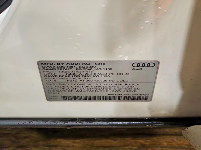 2016 Audi Q3 მანქანა იყიდება აუქციონზე, vin: WA1EFCFS9GR019483, აუქციონის ნომერი: 63654346