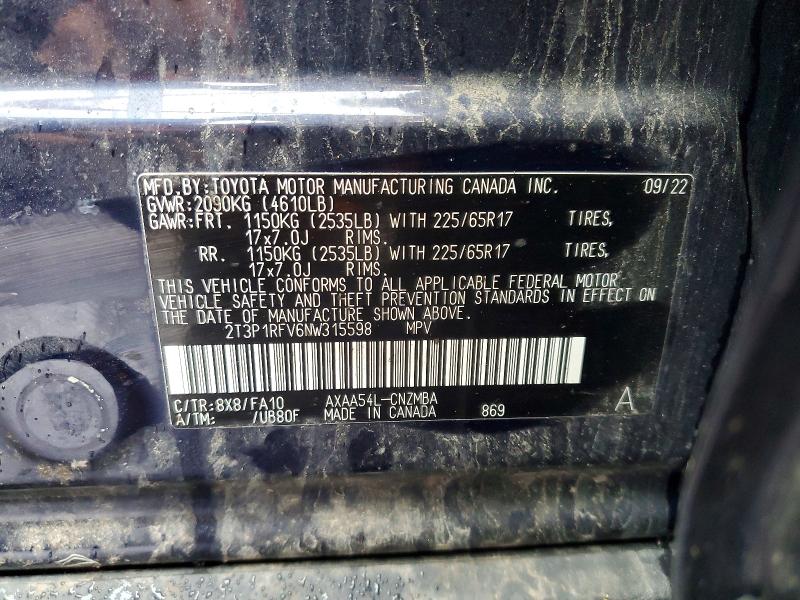 64954976 :رقم المزاد ، 2T3P1RFV6NW315598 vin ، 2022 Toyota Rav4 مزاد بيع