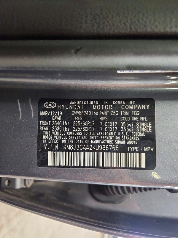 2019 Hyundai Tucson მანქანა იყიდება აუქციონზე, vin: KM8J3CA42KU986766, აუქციონის ნომერი: 63826556