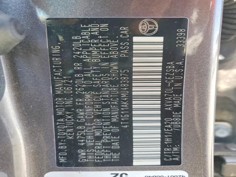 2021 Toyota Camry მანქანა იყიდება აუქციონზე, vin: 4T1G11AK4MU483875, აუქციონის ნომერი: 66484576