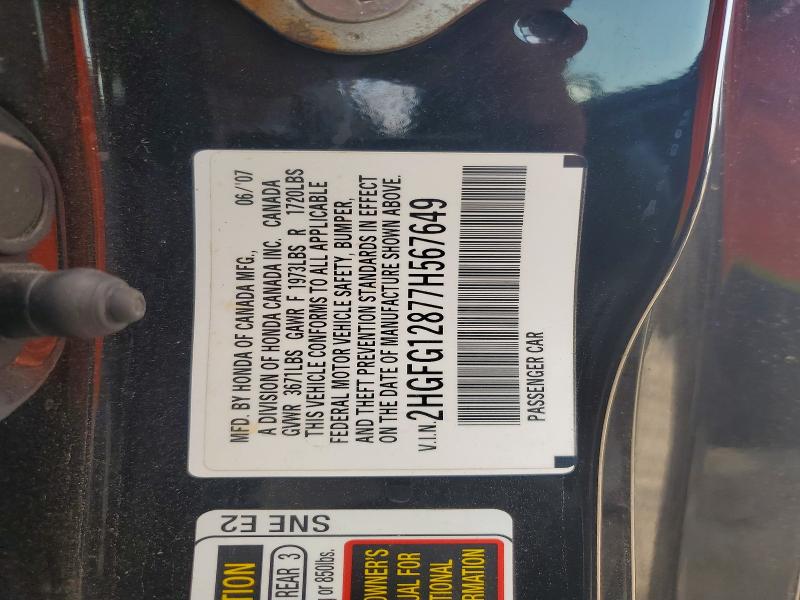 66147026 :رقم المزاد ، 2HGFG12877H567649 vin ، 2007 Honda Civic مزاد بيع