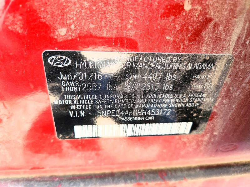 65178146 :رقم المزاد ، 5NPE24AF0HH453172 vin ، 2017 Hyundai Sonata مزاد بيع
